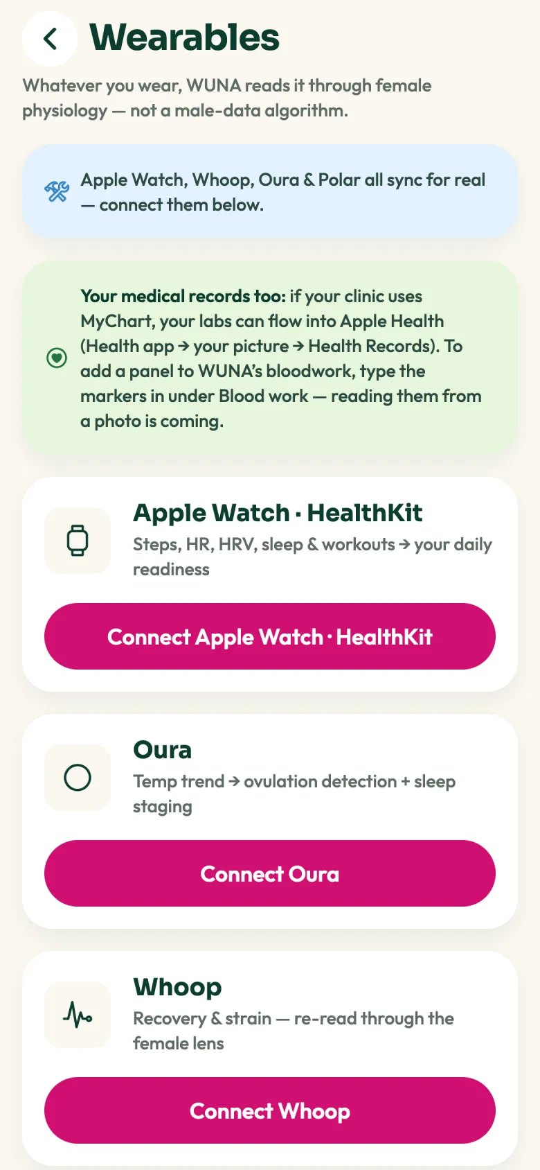 Wearables: connect Apple Watch, Oura and Whoop.