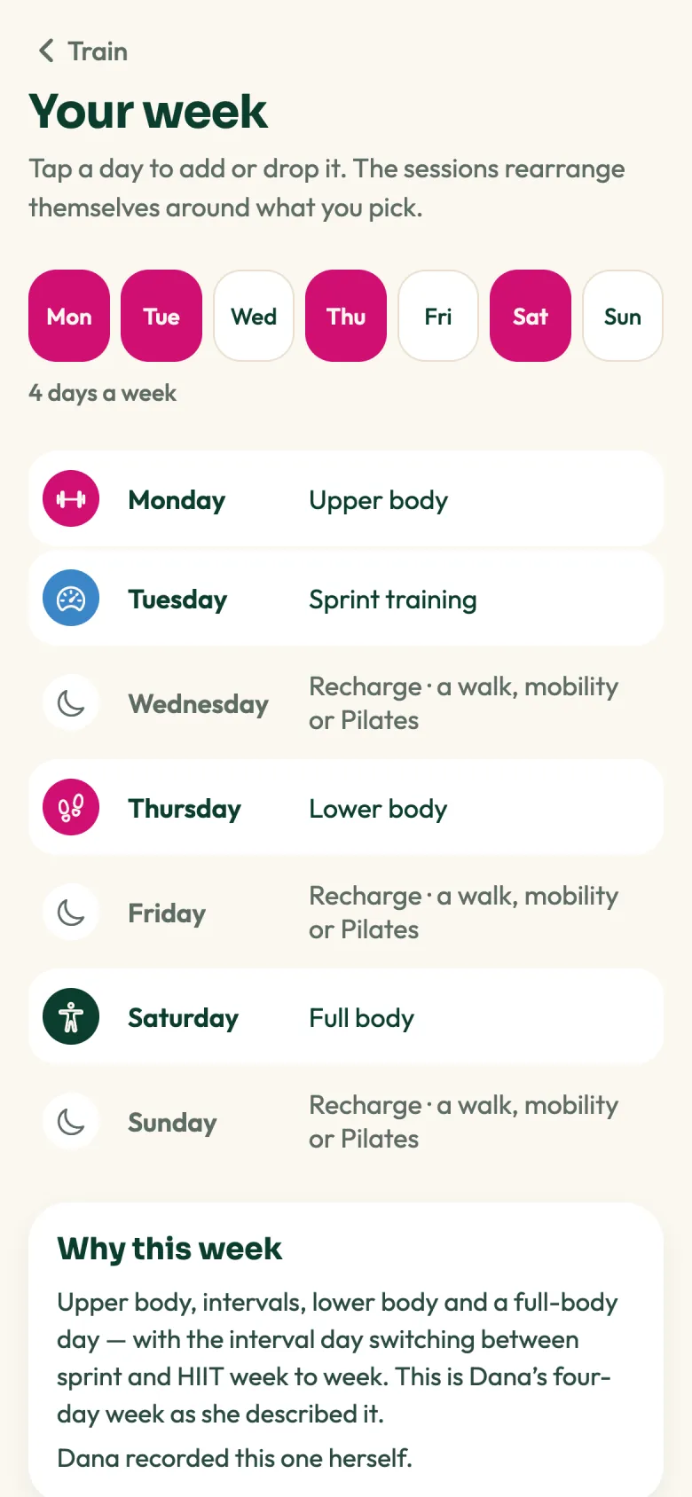 Your week: upper body Monday, sprint training Tuesday, recovery days between.